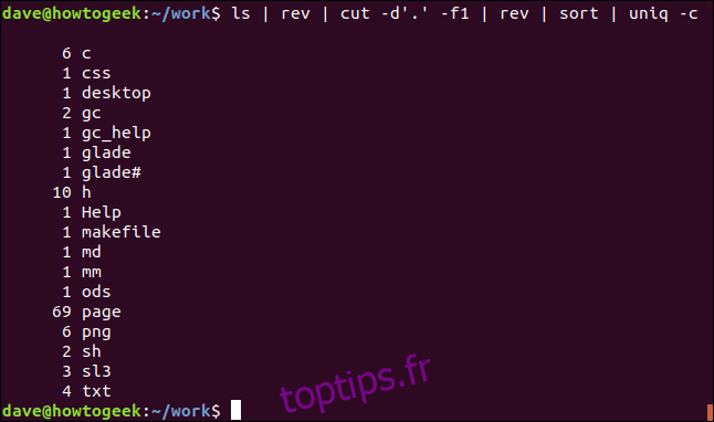 Liste des extensions de fichiers uniques dans une fenêtre de terminal