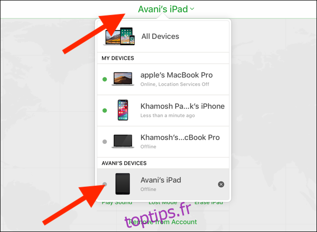 Cliquez ou appuyez sur le menu déroulant Appareils et sélectionnez votre iPad.