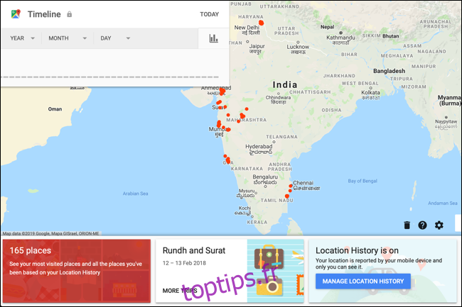 Vue chronologique de Google Maps pour votre compte montrant la carte de votre pays