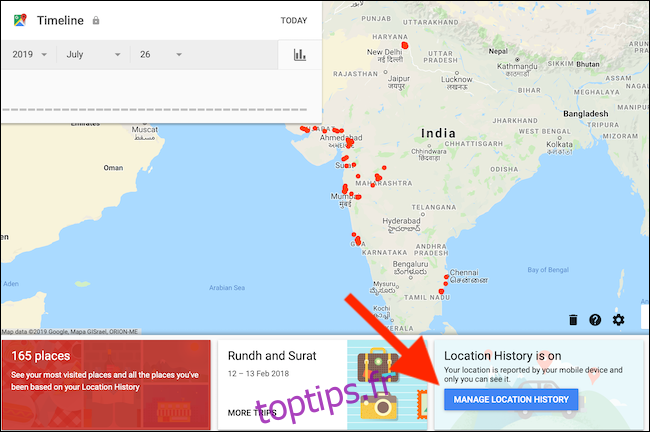 Cliquez sur le bouton Gérer l'historique des positions sur la page Chronologie de Google Maps