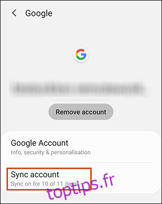 Bouton de synchronisation du compte dans la zone des paramètres du compte Android