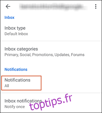 Paramètres de compte dans Gmail avec notifications en surbrillance