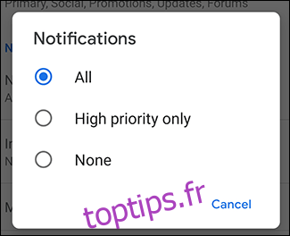 Paramètres de notification pour le compte Gmail
