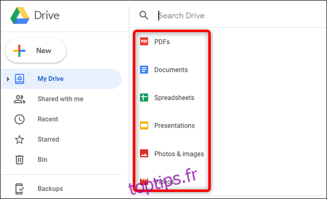 Cliquez sur la zone de recherche, puis une liste de types de fichiers apparaît.