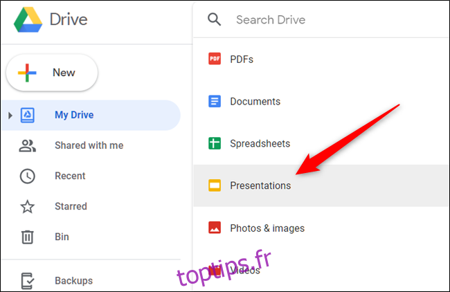 Cliquez sur le type de fichier que vous souhaitez filtrer de votre Drive.