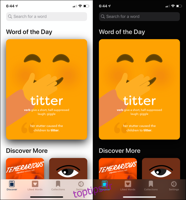 Une comparaison de l'application de dictionnaire LookUp en mode clair et en mode sombre sous iOS 13