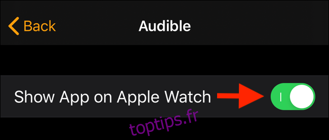 Appuyez sur bascule pour désactiver l'affichage de l'application sur Apple Watch