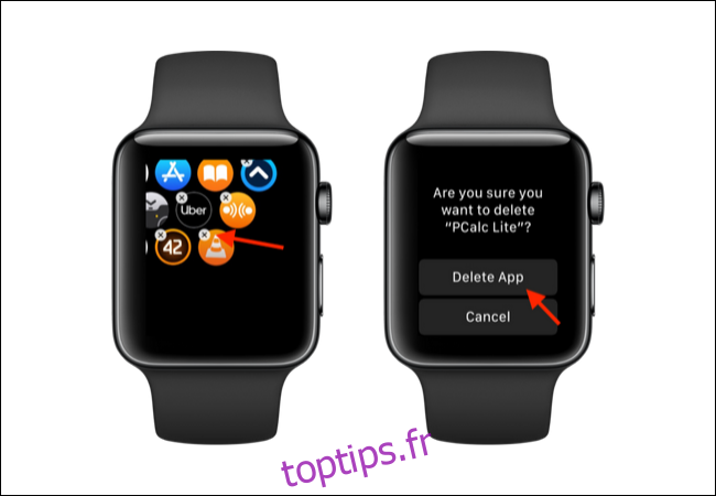Appuyez sur le bouton X, puis sur le bouton Supprimer pour supprimer une application de l'Apple Watch