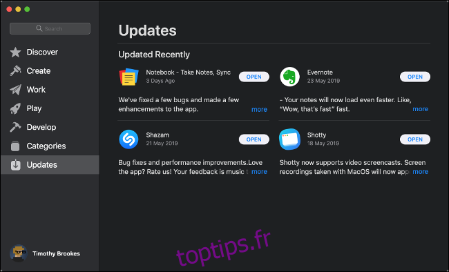 Le menu Mises à jour logicielles de l'App Store sur macOS.