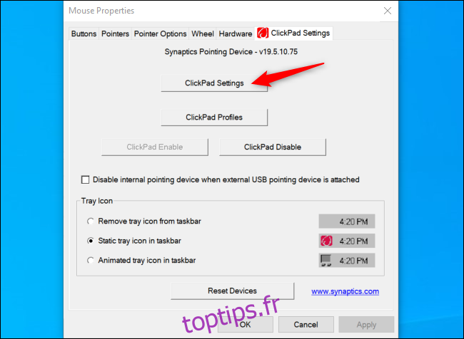 Lancement des paramètres Synaptics ClickPad sur un ordinateur portable HP.