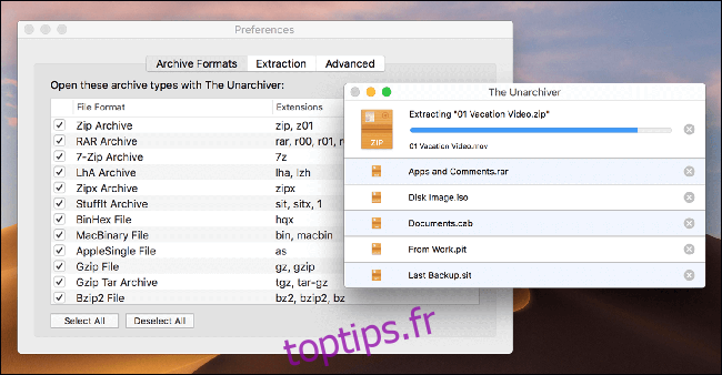 Le Unarchiver extrait un fichier ZIP sur un Mac.