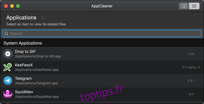Une liste d'applications dans AppCleaner sur un Mac.