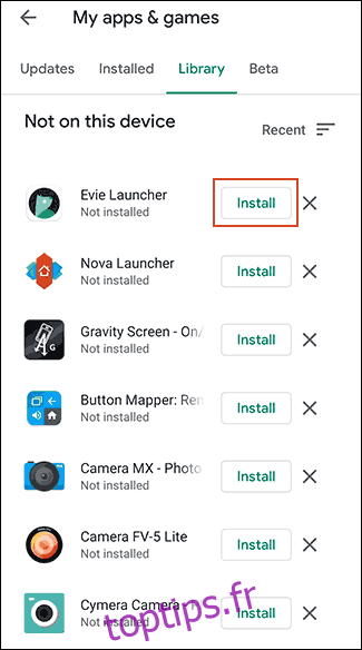 Appuyez sur Installer à côté de n'importe quelle application que vous souhaitez installer