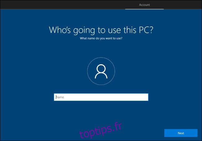 Création d'un compte d'utilisateur local dans le processus de configuration de Windows 10.