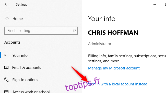 Conversion d'un compte Microsoft en un compte local dans Windows 10.