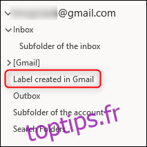 Le volet de navigation Outlook avec un nouveau dossier nommé le même que l'étiquette Gmail.