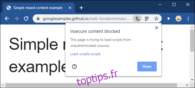 Le message de contenu non sécurisé bloqué dans Google Chrome.