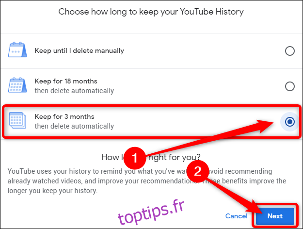 Mon activité Google Choisissez la période de l'historique YouTube Cliquez sur Suivant
