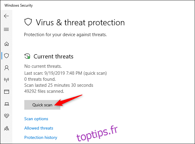 Recherche manuelle de virus et autres logiciels malveillants dans la sécurité Windows.