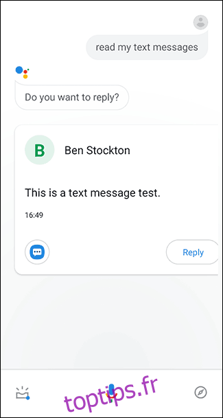 L'application Assistant Google sur un smartphone vous demande si vous souhaitez répondre à un SMS.