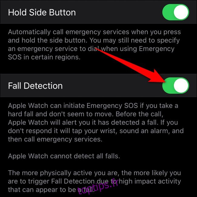 Application Apple iPhone Watch Toggle Détection de chute