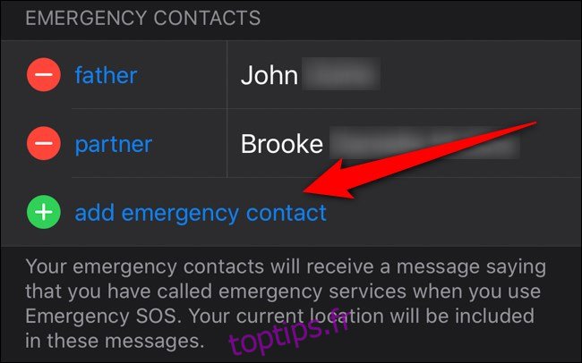 App Apple iPhone Health Sélectionnez Ajouter un contact d'urgence