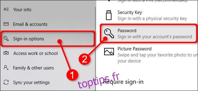 Sélectionnez les mots de passe dans les paramètres de Windows 10