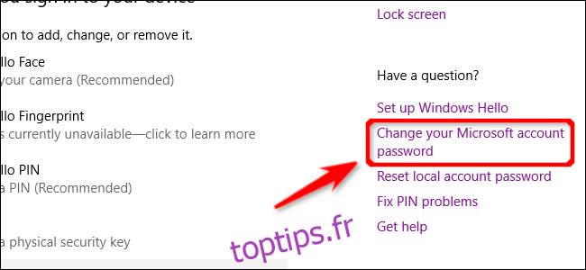 Modifier le lien de mot de passe Windows 10