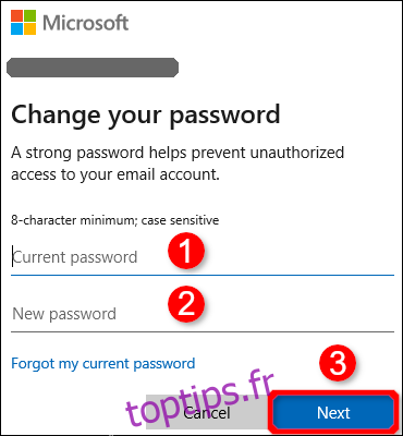 Boîte de dialogue Modifier le mot de passe Windows 10