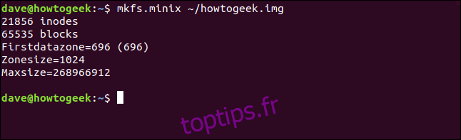 mkfs.minix ~ / howtogeek.image dans une fenêtre de terminal