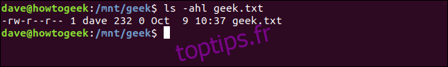 ls -ahl geek.txt dans une fenêtre de terminal
