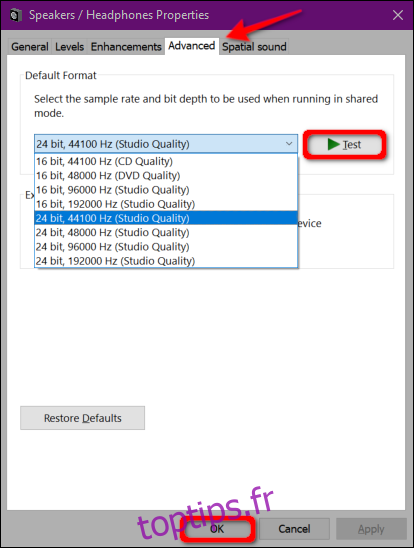 Windows 10 Modifier le format audio
