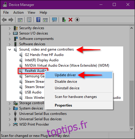 Pilote audio de mise à jour Windows 10
