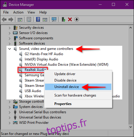 Windows 10 Désinstaller le périphérique audio