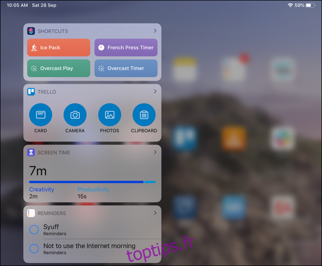 Widgets affichés sur l'écran d'accueil de l'iPad Pro en mode portrait