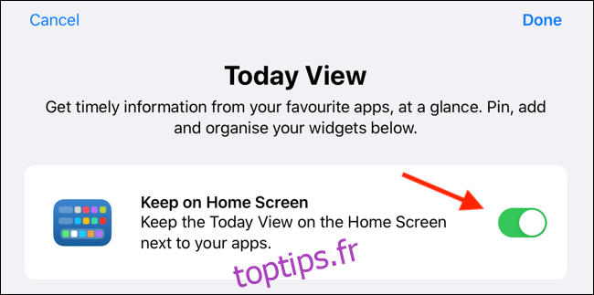 Appuyez sur la bascule pour activer les widgets sur l'écran d'accueil