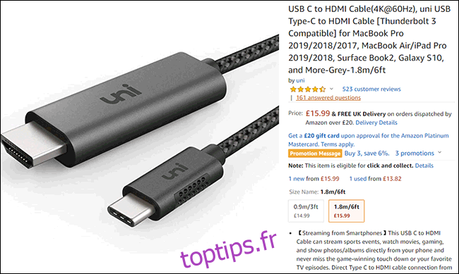Une liste de câbles USB-C vers HDMI sur Amazon.