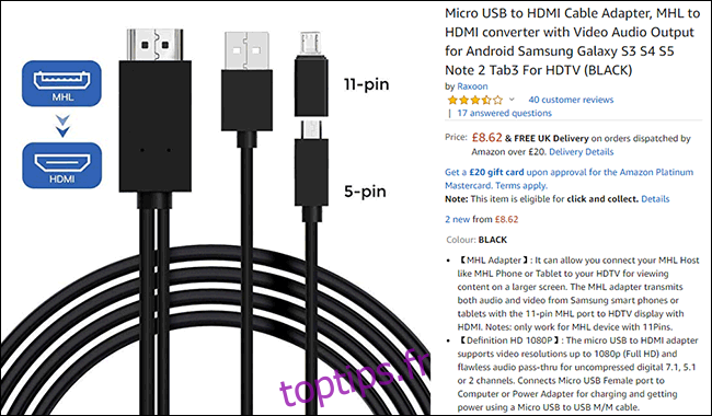 Une liste de câbles HDMI MHL sur Amazon.