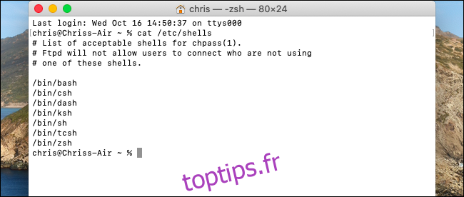 Liste des shells disponibles dans le terminal de macOS Catalina.