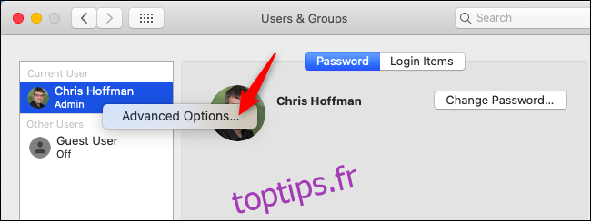 Ouverture des options avancées dans Utilisateurs et groupes sur macOS.