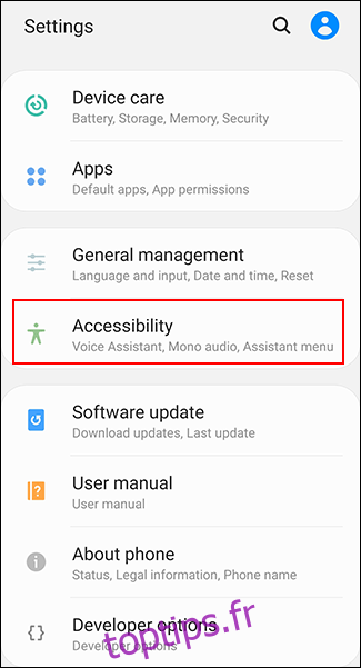 Dans le menu des paramètres Android, appuyez sur Accessibilité