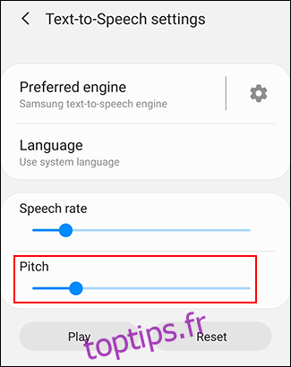 Déplacez votre curseur Pitch pour modifier votre taux de pitch TTS