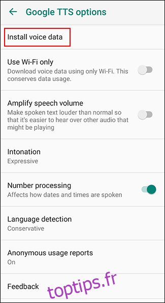Appuyez sur Installer les données vocales dans le menu des options de Google TTS