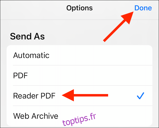 Sélectionnez l'option PDF souhaitée, puis appuyez sur 