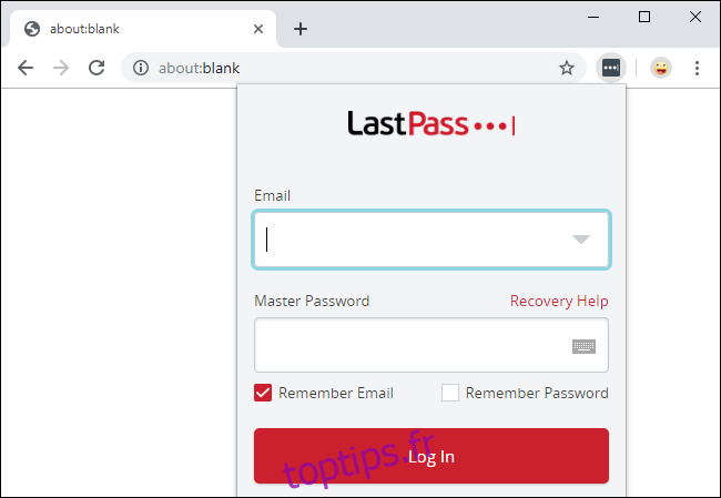 Connexion à l'extension de navigateur LastPass dans Chrome.