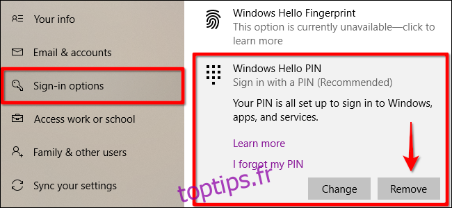Supprimer le code PIN Windows Hello