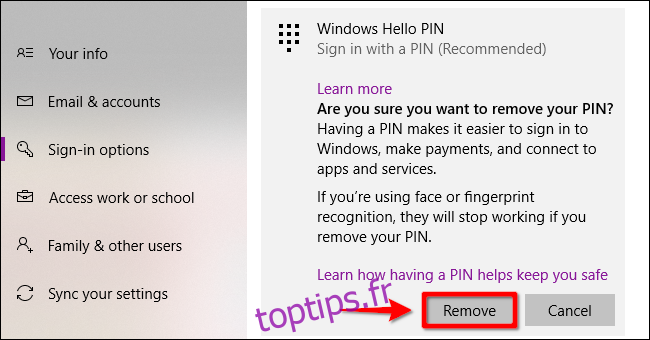 Supprimer le code PIN de Windows Hello Étape 2