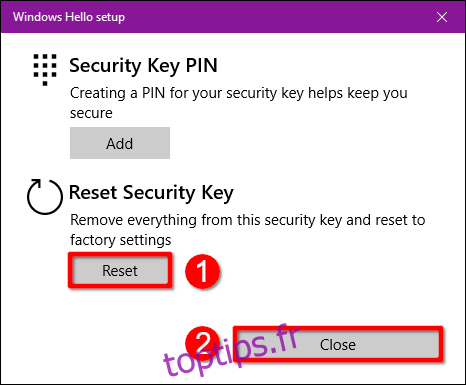 Clé de sécurité de réinitialisation Windows 10