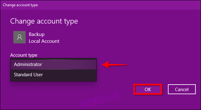 Windows 10 Modifier le type de compte, partie 2