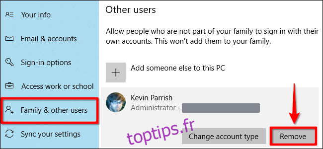 Supprimer le compte Windows 10